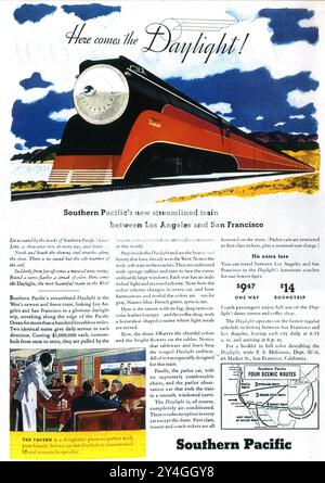 1937 Daylight Southern Pacific's New Train Ad - zwischen LA und SF Stockfoto