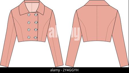 twill Leder Denim jeans kurze Jacke technische Zeichnung flache Skizze Vorlage Modell cad Mode Frau Stock Vektor