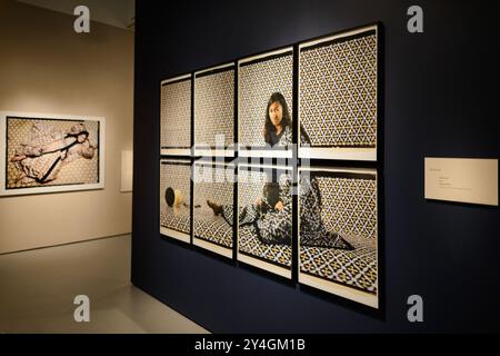 WASHINGTON, DC, Vereinigte Staaten – Ein Teil der Serie Les Femmes de Maroc, Teil der Revisions-Ausstellung der marokkanischen Künstlerin Lalla Essaydi, wird im Smithsonian National Museum of African Art in Washington, DC, ausgestellt. Das Museum widmet sich der Ausstellung alter und zeitgenössischer afrikanischer Kunst und befindet sich unterirdisch hinter dem Smithsonian Castle in der National Mall. Stockfoto