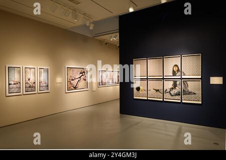 WASHINGTON, DC, Vereinigte Staaten – Ein Teil der Serie Les Femmes de Maroc, Teil der Revisions-Ausstellung der marokkanischen Künstlerin Lalla Essaydi, wird im Smithsonian National Museum of African Art in Washington, DC, ausgestellt. Das Museum widmet sich der Ausstellung alter und zeitgenössischer afrikanischer Kunst und befindet sich unterirdisch hinter dem Smithsonian Castle in der National Mall. Stockfoto