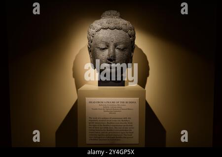 WASHINGTON DC, USA – ein exquisit geschnitzter Buddha-Kopf aus dem 8. Jahrhundert aus Zentral-Java, Indonesien, ausgestellt in der Arthur M. Sackler Gallery in Washington DC. Diese aus Andesit gefertigte Skulptur zeigt den ruhigen Ausdruck des Buddhas und ikonische Merkmale wie die Urna und Uschnisha, die beispielhaft für die anspruchsvolle buddhistische Kunst des mittelalterlichen Indonesiens sind. Stockfoto