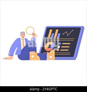 Analytischer Geschäftsmann, der Datentrends analysiert. Ein erfahrener Profi untersucht Diagramme und Diagramme mit einer Lupe. Vektorabbildung. Stock Vektor