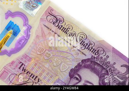 20-Pfund-Banknoten. Neues britisches Polymergeld. Makrofoto. Stockfoto