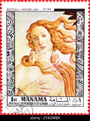 Foto einer 1968 1 Katar-Riyal-Briefmarke aus Manama mit Gemälde die Geburt der Venus von Sandro Botticelli aus der Serie Old Masters Paintings Stockfoto