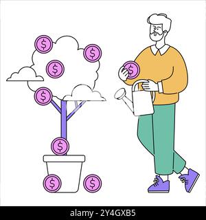 Geschäftsmann-Konzept. Erfolgreicher Unternehmer, der einen Geldbaum pflegt, der Investitionswachstum und finanziellen Erfolg symbolisiert. Vektorabbildung. Stock Vektor