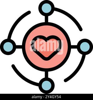Heart icon verbindet sich mit vier Knoten in einem Netzwerk und symbolisiert das Konzept der Liebe im digitalen Zeitalter Stock Vektor