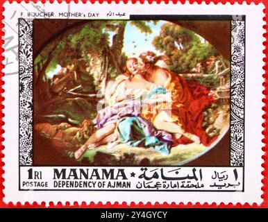 Foto einer 1968 1 Katar Riyal Briefmarke aus Manama mit dem Gemälde Sylvia und Phyllis von Francois Boucher aus der Serie Old Masters Paintings Stockfoto