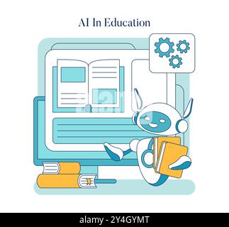 KI im Bildungskonzept. Ein freundlicher Roboter mit Büchern, die moderne Lerntechnologie demonstrieren. Innovative Bildungsmethoden und digitale Kompetenz. Vektorabbildung. Stock Vektor