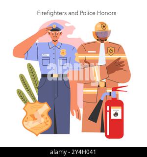 Illustration des Patriot Day, die Feuerwehrleute und Polizisten mit Symbolen für Tapferkeit und Dienst ehrt. Vektorabbildung. Stock Vektor
