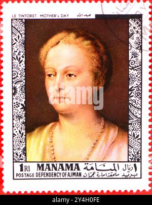 Foto einer 1968 1 Katar Riyal Briefmarke aus Manama mit dem Gemälde Portrait of a Woman von Jacopo Tintoretto aus der Serie Old Masters Paintings Stockfoto