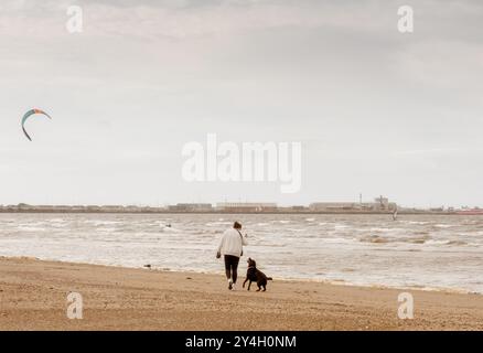 Eine Frau geht mit ihrem Hund am Strand entlang, während die Leute Kitesurfen und Kiteboards am Nordstrand des Barassie Beach machen, mit Troon in der Ferne in SC Stockfoto