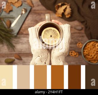 Herbstschattierungen, Collage mit Foto und passender Farbpalette. Mädchen, das eine Tasse Tee über einem Holztisch hält, Blick von oben Stockfoto