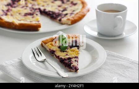 Ein Stück traditioneller walachischer Heidelbeerkuchen namens „frgal“ auf einer weißen Platte. Traditionelles mährisches süßes Dessert auf weißem Tisch. Stockfoto