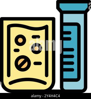 Diese Vektor-Illustration zeigt ein medizinisches Reagenzglas neben einer Blisterpackung von Pillen, die medizinische Prüfung und Behandlung symbolisiert Stock Vektor