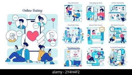 Online-Dating-Set. Moderne Liebe durch virtuelle Verbindungen und technologieinformierte Matchmaking. Von Videoanrufen bis hin zu KI-basierten Partnern. Vektorabbildung. Stock Vektor