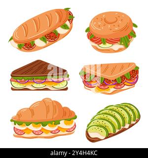 Set köstlicher saftiger Sandwiches gefüllt mit Gemüse, Käse, Avocado, Schinken, Salami, Mozzarella, Lachs. Baguette, Bagel, Croissant, Toast, Brot Stock Vektor