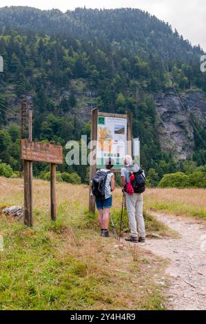 Ein paar Wanderer, die einen Wanderweg im Lis-Tal (Lys-Tal), Bagneres-de-Luchon, Haute-Garonne (31), Region Occitanie, Frankreich ansehen Stockfoto