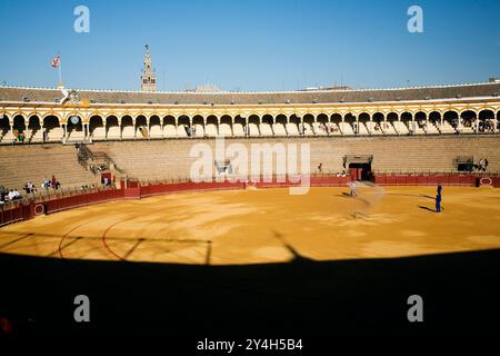 Sevilla, Spanien Aug 15 2007, die echte Maestranza Stierkampfarena in Sevilla zeigt ihre ikonische Architektur unter einem klaren blauen Himmel, während sich die Aktivität entfaltet Stockfoto