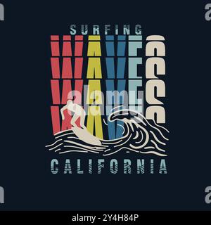 Surfing Waves California Typografie farbenprächtiges Posterdesign mit Grafik im Sommer Stock Vektor