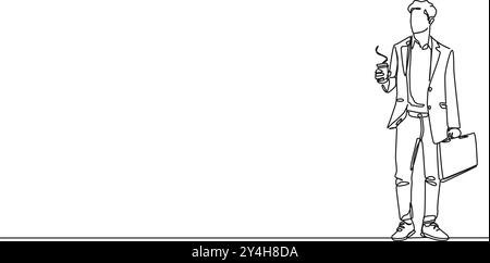 Ununterbrochene einzelne Linie Zeichnung des jungen Geschäftsmannes mit Einweg-Kaffeetasse, Linie Kunst Vektor Illustration Stock Vektor