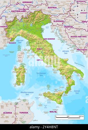 Physikalische Karte Italiens mit nationalen Grenzen, Flüssen und Seen, Bergen, Parks, Kennzeichnung Stock Vektor