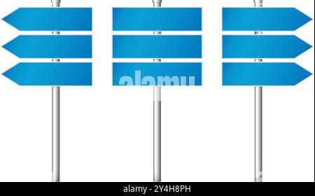Blaue Straßenschilder mit Pfeilen, die in verschiedene Richtungen zeigen. Vektorabbildung Stock Vektor