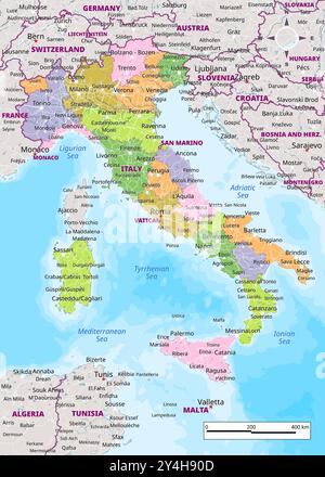 Politische Karte Italiens mit Hauptstadt, Städten, Städten, nationalen Grenzen, Flüssen und Seen. Kennzeichnung Stock Vektor