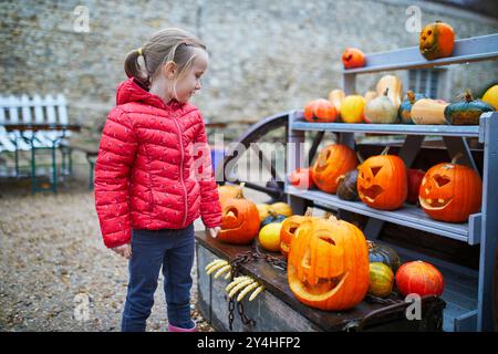 Entzückendes Mädchen im Vorschulalter, das Jack-o-Laterne Kürbis auf der Farm auswählt. Glückliches Kind, das Halloween feiert Stockfoto