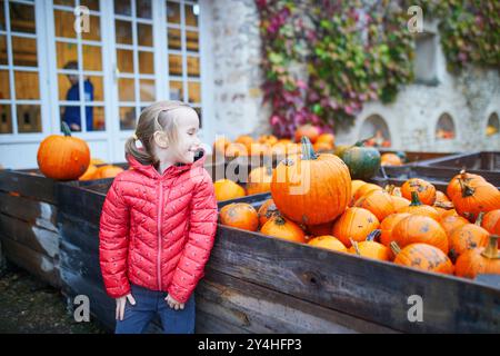 Entzückendes Mädchen im Vorschulalter, das Jack-o-Laterne Kürbis auf der Farm auswählt. Glückliches Kind, das Halloween feiert Stockfoto