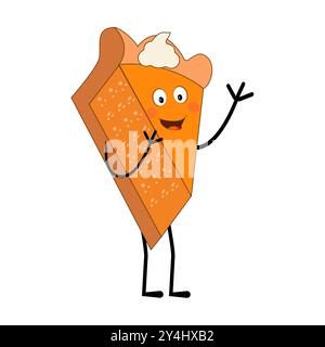 Süßes Maskottchen Kürbiskuchen, Halloween Kürbiskuchen Charaktere. Cartoon Sweets Cup Pudding Latte spazieren und lächeln. Vektor Herbstferien Maskottchen Vorlage Stock Vektor
