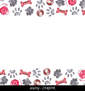 Tierspielzeug, Gummiknochen, Kugeln, Hunde- und Katzenfotenabdrücke und Fußabdrücke, Garnknäuel für Katzen zum Spielen. Quadratischer Rahmen, Aquarellabbildung. Stockfoto