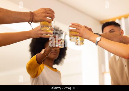 Mit Getränken toasten, verschiedene Freunde feiern gemeinsam in ungezwungener Atmosphäre Stockfoto