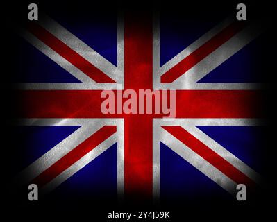Illustration der britischen Flagge Union Jack mit dunklem strukturiertem Stoffhintergrund (Symbol von Großbritannien - Nation des Vereinigten Königreichs) Stockfoto