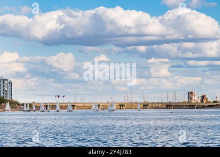 Segeln Sie Boote in Regatta und bewölktem Himmel am Tempe Town Lake in der Nähe von Phoenix und Scottsdale, Arizona Stockfoto