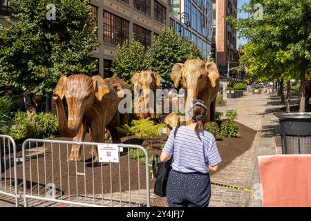 Die öffentliche Kunstinstallation Great Elephant Migration im Meatpacking District in New York am Donnerstag, den 5. September 2024, begeistert die Menschen. Die 100 Statuen wurden von der Coexistence Collective geschaffen, deren Mission es den Menschen ermöglicht, den Raum mit den prächtigen Kreaturen der Natur zu teilen. Die Elefanten wurden von indianischen Handwerkern aus der Lantana Camara, einer invasiven Pflanzenart, gebaut. Die Installation wird bis zum 20. Oktober ausgestellt. (© Richard B. Levine) Stockfoto