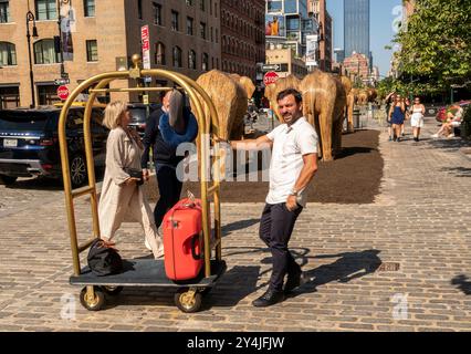 Der Pagen für das Hotel Gansevoort schleppt am Donnerstag, den 5. September 2024, das Gepäck an der öffentlichen Kunstinstallation Great Elephant Migration im Meatpacking District in New York vorbei. Die 100 Statuen wurden von der Coexistence Collective geschaffen, deren Mission es den Menschen ermöglicht, den Raum mit den prächtigen Kreaturen der Natur zu teilen. Die Elefanten wurden von indianischen Handwerkern aus der Lantana Camara, einer invasiven Pflanzenart, gebaut. Die Installation wird bis zum 20. Oktober ausgestellt. (© Richard B. Levine) Stockfoto