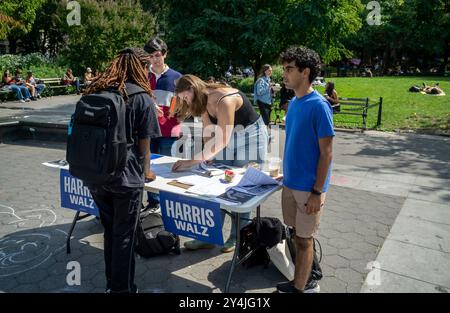 Vorlage für die Präsidentschaftskandidatin Kamala Harris und den Vizepräsidenten Tim Walz im Washington Square Park in Greenwich Village in New York am Dienstag, den 17. September 2024. (© Richard B. Levine) Stockfoto