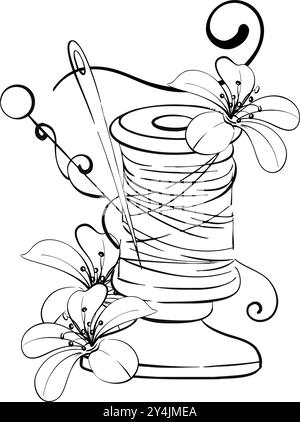 Spule des Fadens mit Blume und Nadel. Vintage-Nähwerkzeugkompositionen. Handarbeit im Retro-Stil. Vintage Old Fashion, maßgeschneiderte Logo, Postkarte Stock Vektor
