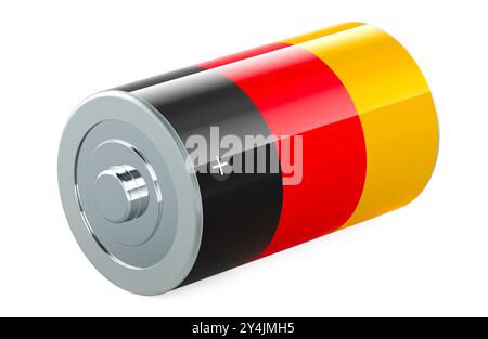 Batterie mit deutscher Flagge. 3D-Rendering isoliert auf weißem Hintergrund Stockfoto
