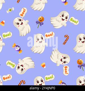Nahtloses Vektormuster mit niedlichen lächelnden Geistern, Halloween-Süßigkeiten und verspieltem Buh-Text auf einem hellvioletten Hintergrund Stock Vektor