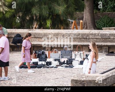 Palma de Mallorca, Spanien; 17. September 2024: Straßenverkäufer verkauft gefälschte Designer-Handtaschen an der Kathedrale von Palma de Mallorca Stockfoto