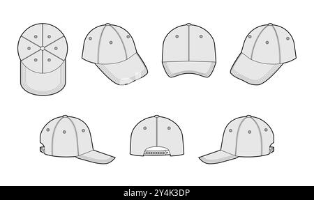 Set aus passgenauen Baseball-Feldmützen. Sommer Kopf Mode Accessoire Kleidung technische Illustration. Vektor-Kopfbedeckung für Männer, Frauen, Unisex-Stil, flache Vorlage CAD-Modell Skizze Umriss isoliert Stock Vektor