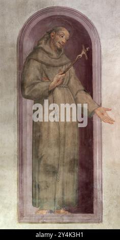 PERUGIA, ITALIEN - 15. MAI 2024: Das Fresko des hl. Franz von Assisi in der Kirche Chiesa di Santa Maria di Monteluce von unbekanntem Künstler. Stockfoto