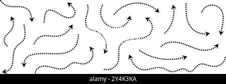 Schwarz gepunktete Pfeile gesetzt. Kollektion mit gewellten und geschwungenen gestrichelten Pfeilen. Skizzieren Sie skizzierte dünne Zeiger und Richtungslinien. Punktkonturen Streifen Design Elemente Bündel für Flyer, Poster, Broschüre. Vektor Stock Vektor