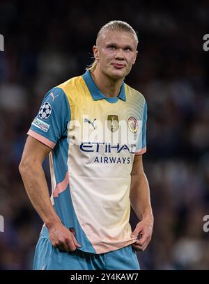 Manchester, Großbritannien. September 2024. Erling Haaland von Manchester City reagiert auf das UEFA Champions League-Spiel zwischen Manchester City und Inter Mailand am 18. September 2024 in Manchester. Quelle: Xinhua/Alamy Live News Stockfoto