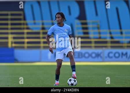 Kaden Braithwaite von Manchester City in Aktion während des UEFA Youth League-Spiels Manchester City gegen Inter Mailand im Joie Stadium, Manchester, Großbritannien, 18. September 2024 (Foto: Cody Froggatt/News Images) Stockfoto