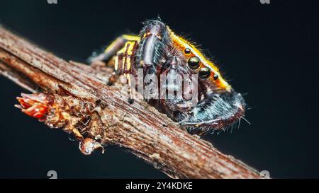 Dieses Makrobild zeigt eine springende Spinne, die auf einem Ast thront und ihre komplexen Details und leuchtenden Farben hervorhebt. Stockfoto