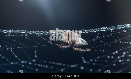 Spinnen wartet auf einem tau bedeckten Netz im Morgennebel, glitzert im Sonnenlicht und schafft eine wunderschöne und unheimliche Atmosphäre. Stockfoto