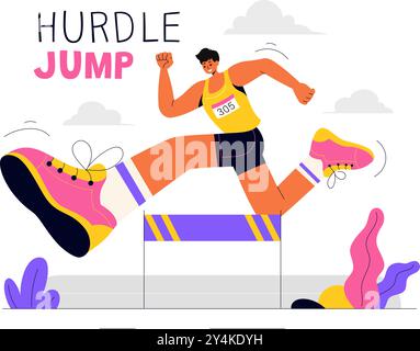 Vektor-Illustration eines Athleten, der Hürden läuft und einen langen Sprung in einem Sportwettbewerb mit einem Hindernisrennen in einem flachen Hintergrund durchführt Stock Vektor