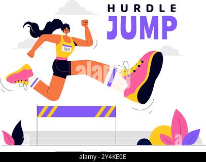 Vektor-Illustration eines Athleten, der Hürden läuft und einen langen Sprung in einem Sportwettbewerb mit einem Hindernisrennen in einem flachen Hintergrund durchführt Stock Vektor